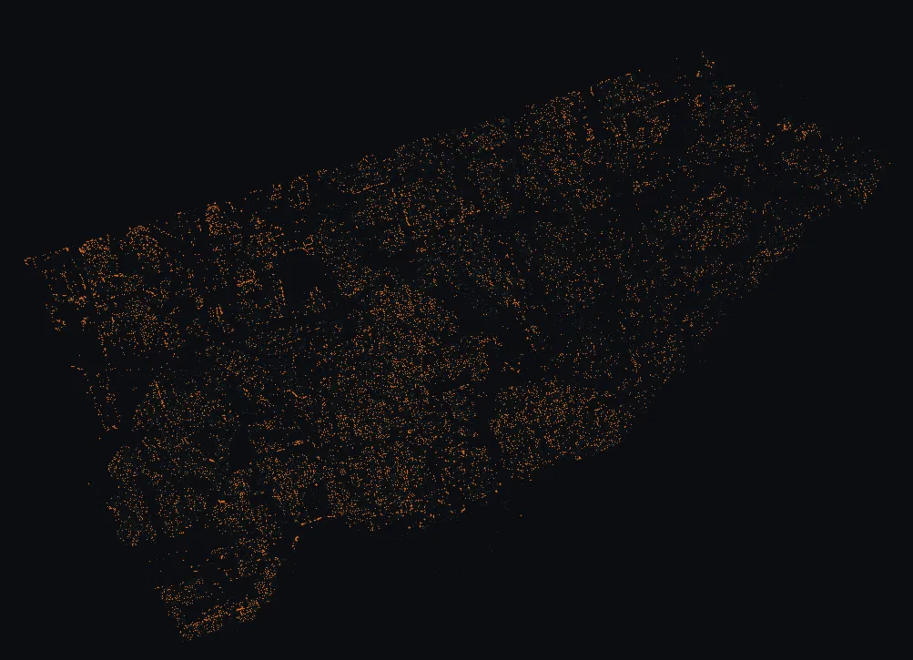 Map of Toronto with every ginkgo highlighted, over a dimmed dot-map of every other species in the city.
