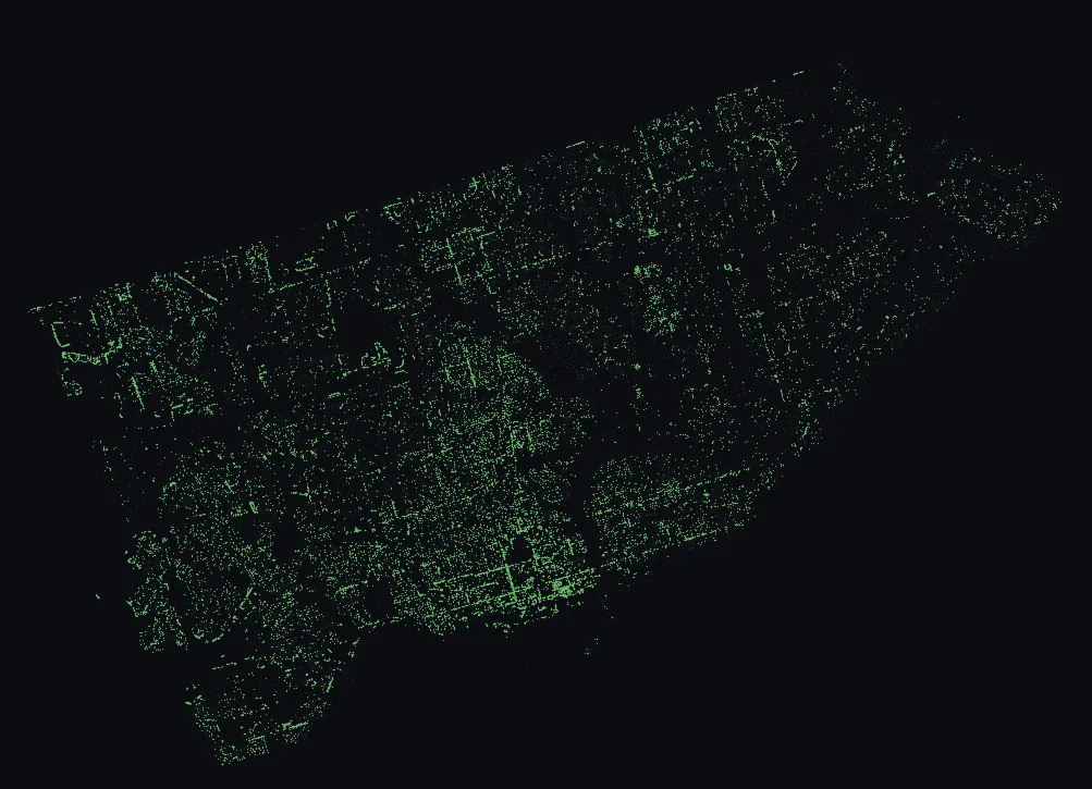 Map of Toronto with every honey locust highlighted, over a dimmed dot-map of every other species in the city.