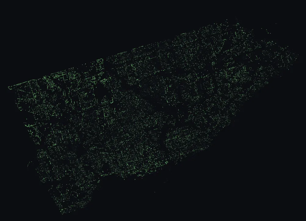 Map of Toronto with every kentucky coffeetree highlighted, over a dimmed dot-map of every other species in the city.