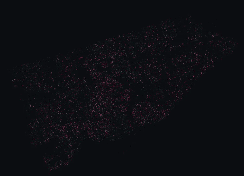 Map of Toronto with every tulip tree highlighted, over a dimmed dot-map of every other species in the city.