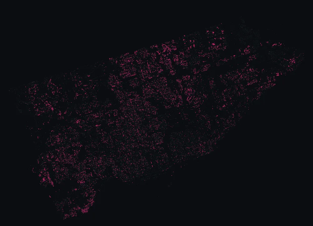 Map of Toronto with every sargents apple highlighted, over a dimmed dot-map of every other species in the city.