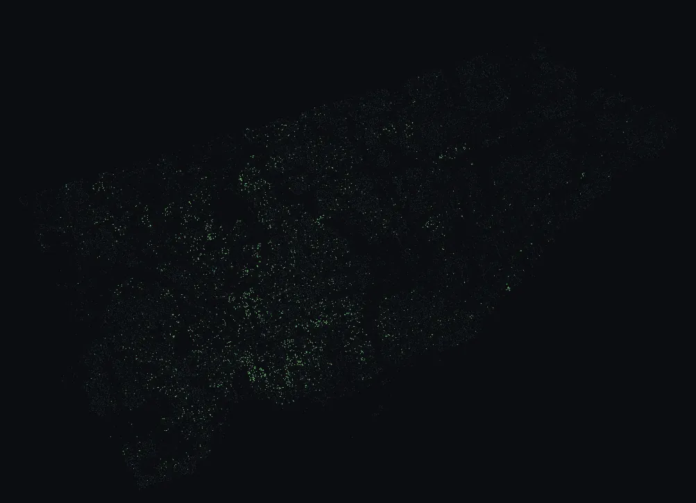 Map of Toronto with every white weeping mulberry highlighted, over a dimmed dot-map of every other species in the city.