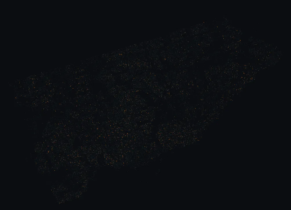 Map of Toronto with every ironwood highlighted, over a dimmed dot-map of every other species in the city.