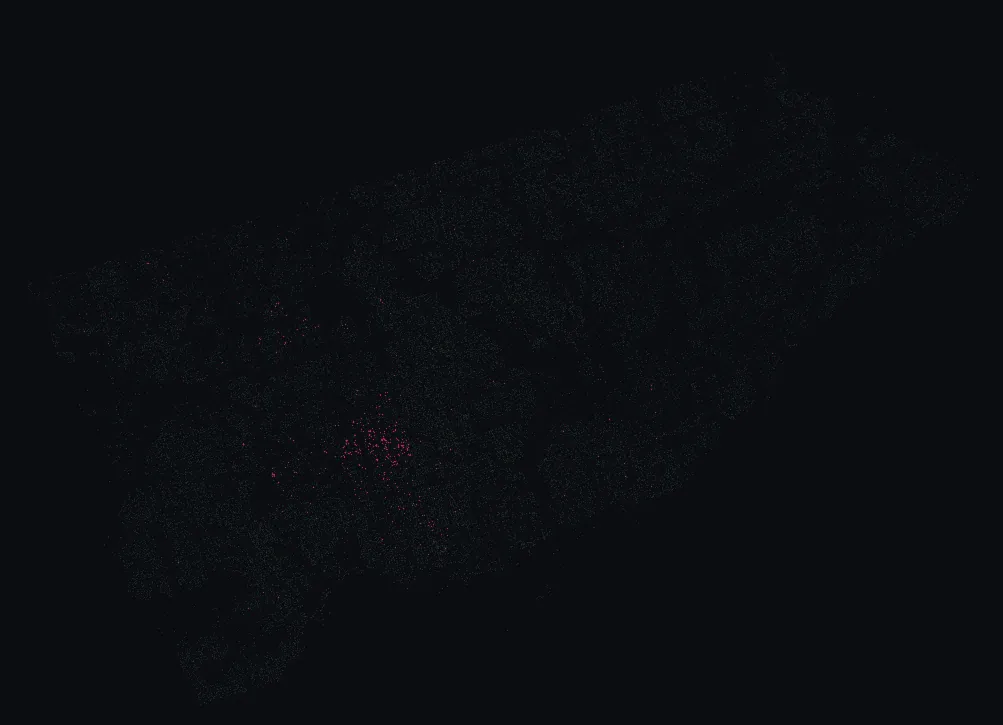 Map of Toronto with every peach highlighted, over a dimmed dot-map of every other species in the city.