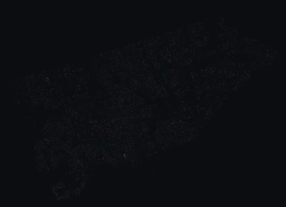 Map of Toronto with every japanese cherry highlighted, over a dimmed dot-map of every other species in the city.