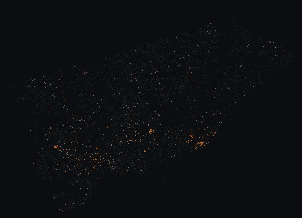 Map of Toronto with every white oak highlighted, over a dimmed dot-map of every other species in the city.