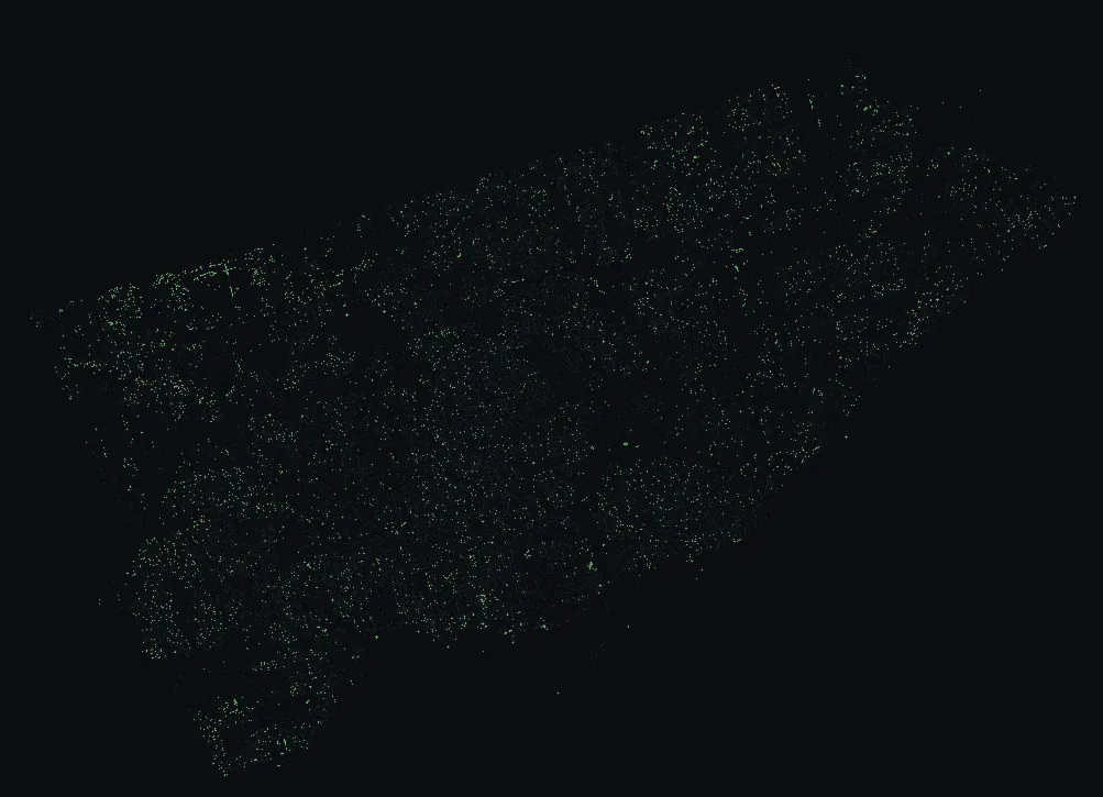 Map of Toronto with every swamp white oak highlighted, over a dimmed dot-map of every other species in the city.
