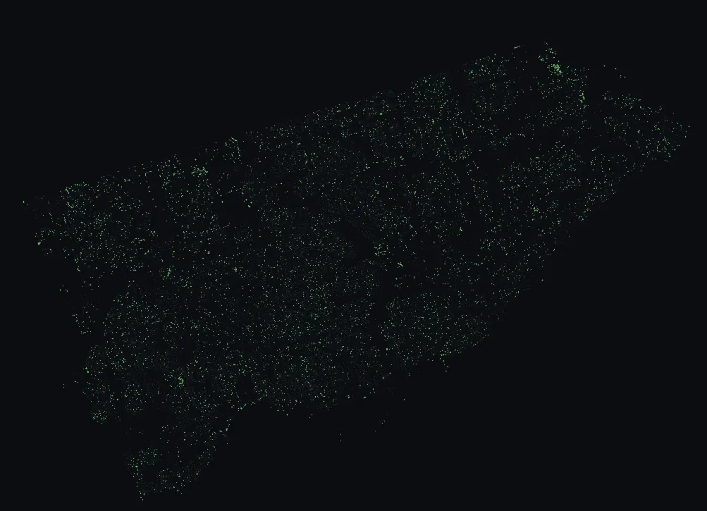 Map of Toronto with every bur oak highlighted, over a dimmed dot-map of every other species in the city.