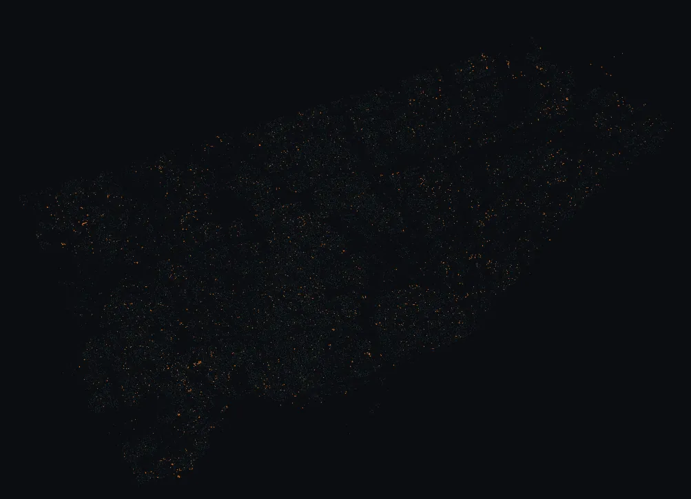 Map of Toronto with every pin oak highlighted, over a dimmed dot-map of every other species in the city.