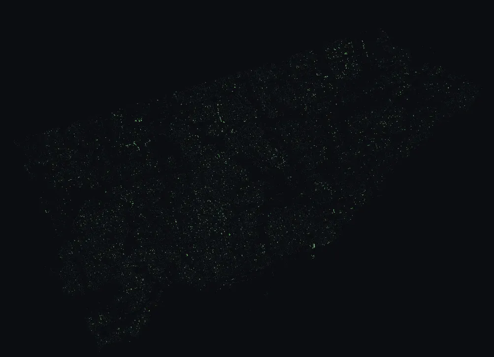 Map of Toronto with every english oak highlighted, over a dimmed dot-map of every other species in the city.