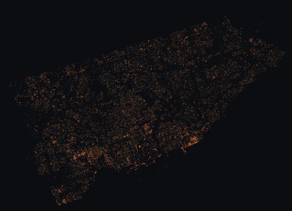Map of Toronto with every red oak highlighted, over a dimmed dot-map of every other species in the city.