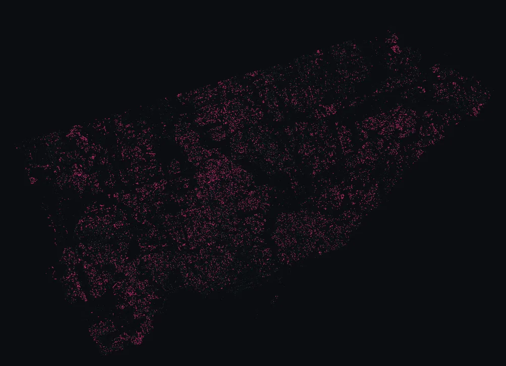 Map of Toronto with every japanese lilac highlighted, over a dimmed dot-map of every other species in the city.