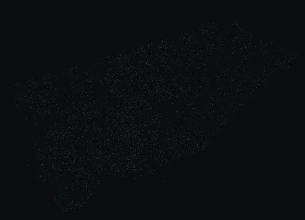 Map of Toronto with every bald cypress highlighted, over a dimmed dot-map of every other species in the city.