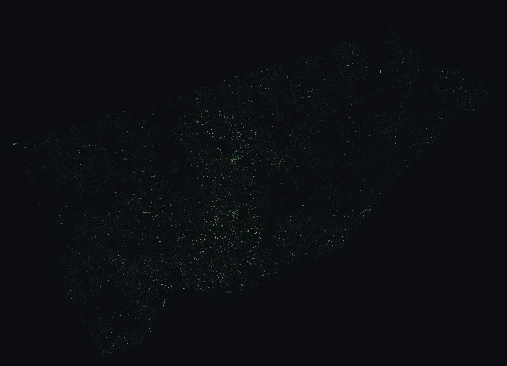 Map of Toronto with every american valley forge elm highlighted, over a dimmed dot-map of every other species in the city.