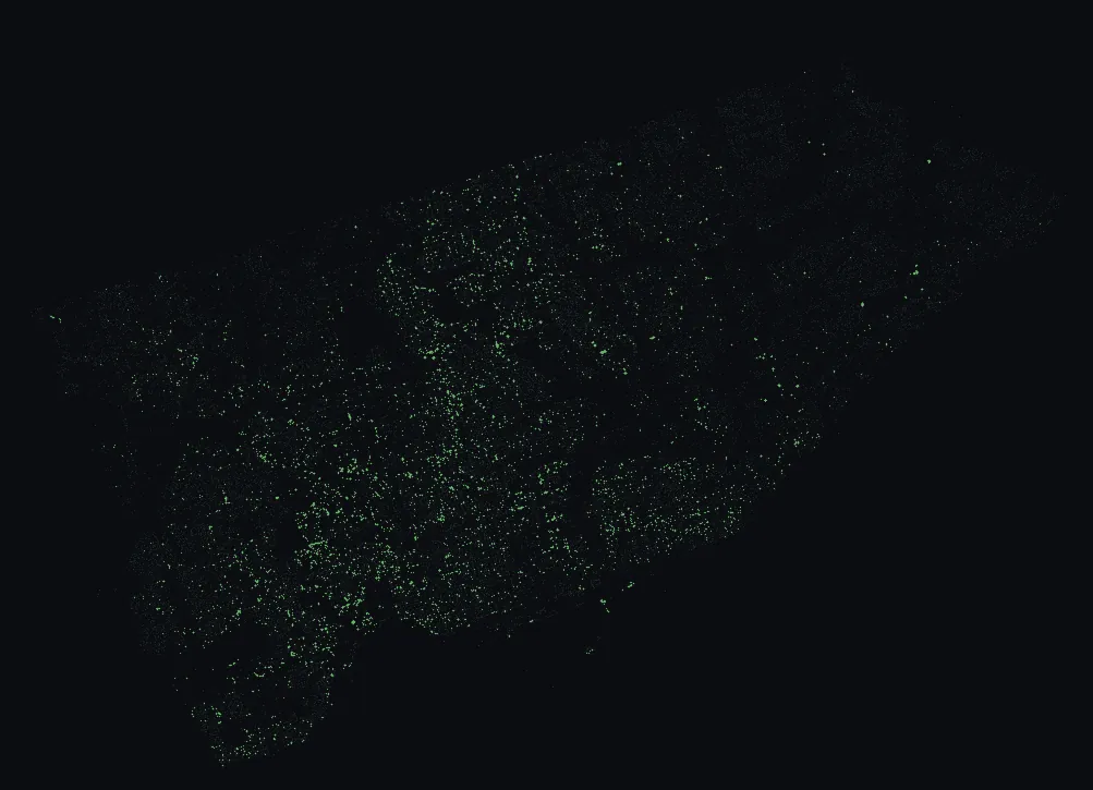 Map of Toronto with every siberian elm highlighted, over a dimmed dot-map of every other species in the city.