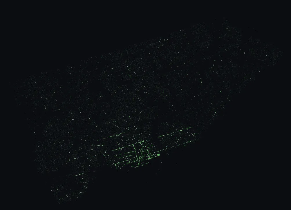 Map of Toronto with every elm highlighted, over a dimmed dot-map of every other species in the city.
