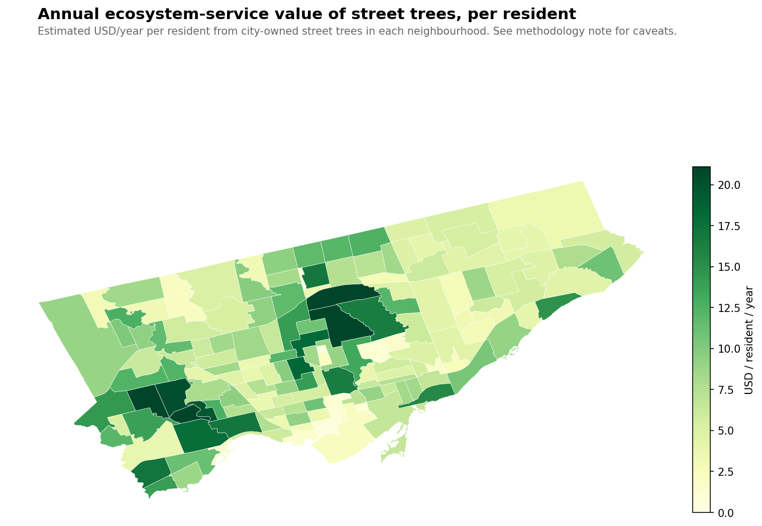 Choropleth map of Toronto by per-capita ecosystem-service value of street trees.